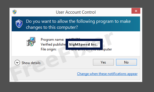 Screenshot where SightSpeed Inc. appears as the verified publisher in the UAC dialog
